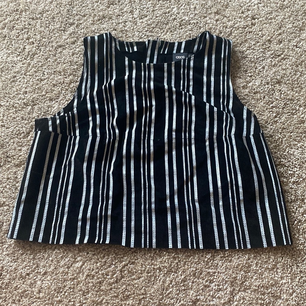 ASOS BLACK WHITE STRIPED REAL LEATHER CROP TANK US 6